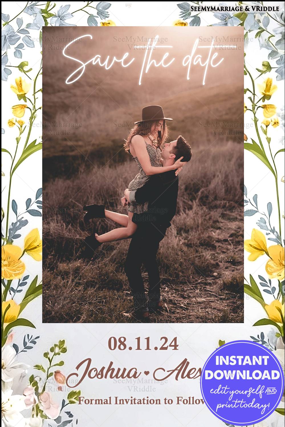 Save the Date Card with Couple's Photo, Wildflower Border, and Handwritten Script Typography