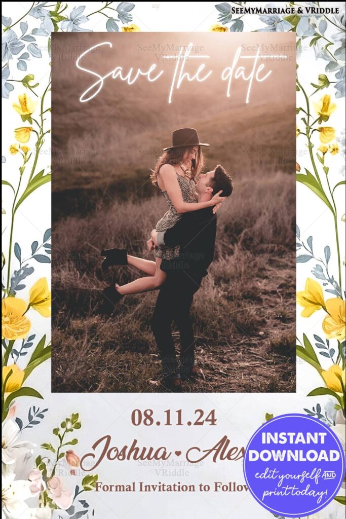 Save the Date Card with Couple's Photo, Wildflower Border, and Handwritten Script Typography