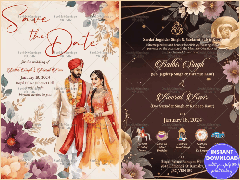 Save the Date Indian Wedding Invitation Suite with Illustrated Couple and Detailed Event Timeline in Gold