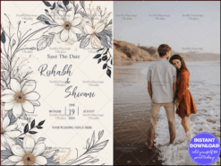 Save the Date Wedding Invitation with Floral Illustrations and Romantic Couple Photo