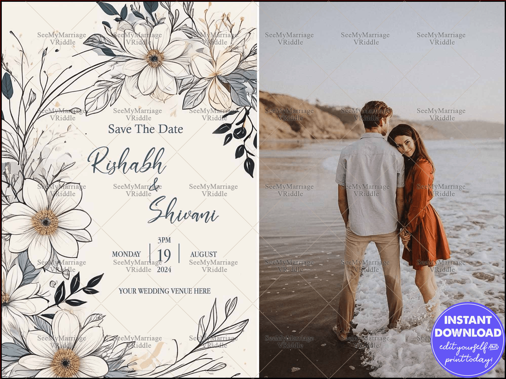 Save the Date Wedding Invitation with Floral Illustrations and Romantic Couple Photo