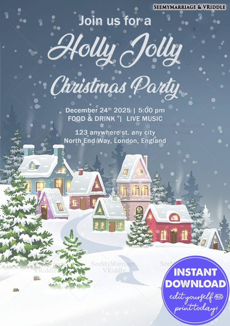 Serene Winter Christmas Party Invitation with Snow Covered Colorful Houses and Frosty Evening Sky