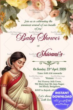 Soft Beige Baby Shower Invitation with Pregnant Woman Illustration and Floral Decor on Top