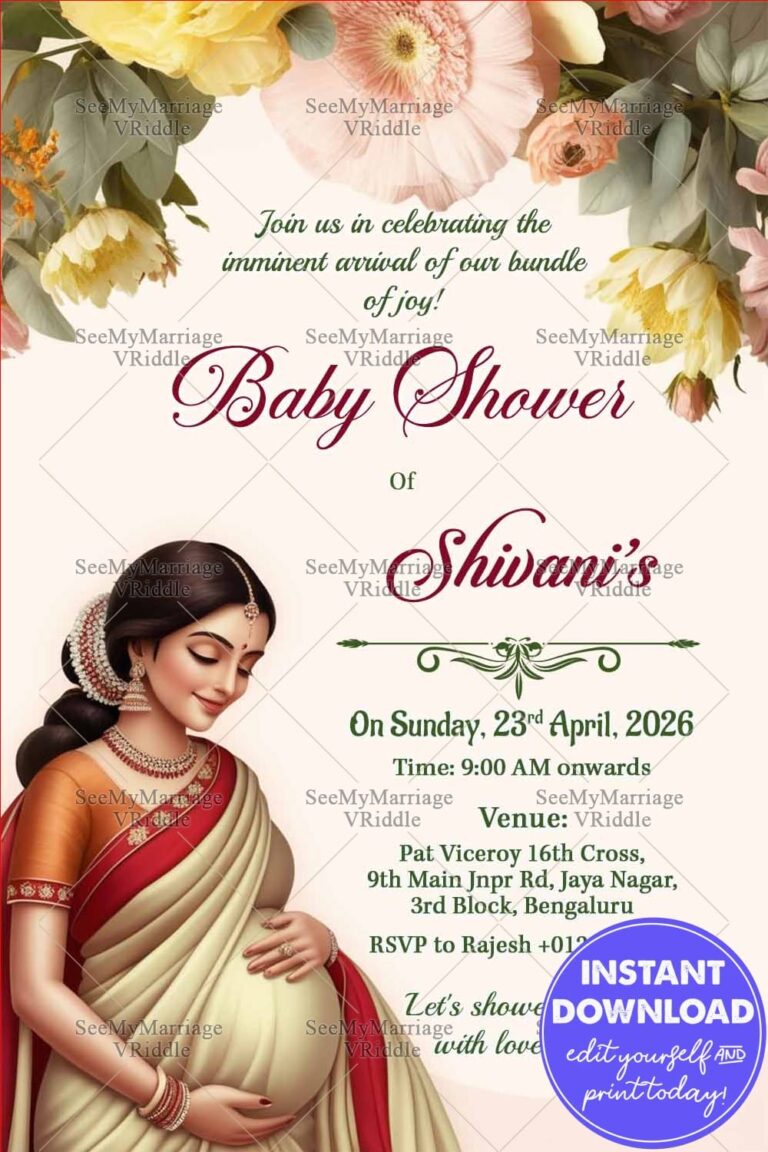 Soft Beige Baby Shower Invitation with Pregnant Woman Illustration and Floral Decor on Top