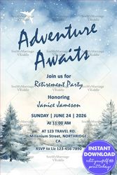 Soft Blue Frosty Retirement Party Invitation with Winter Snowy Pine Trees and Airplane Silhouette
