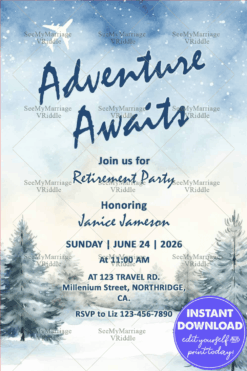 Soft Blue Frosty Retirement Party Invitation with Winter Snowy Pine Trees and Airplane Silhouette