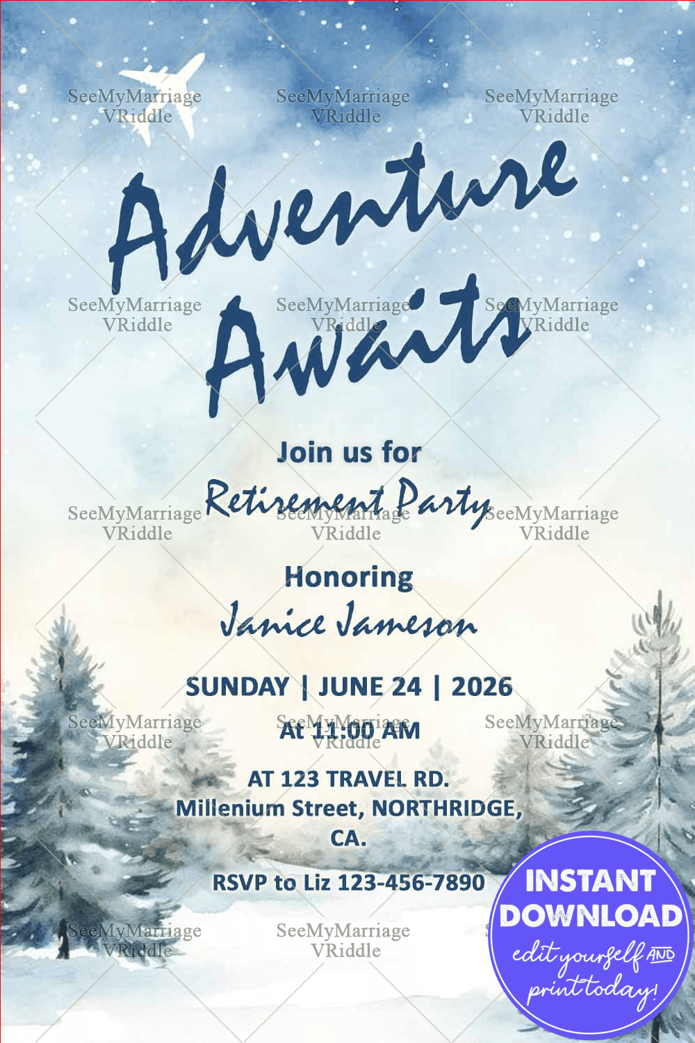 Soft Blue Frosty Retirement Party Invitation with Winter Snowy Pine Trees and Airplane Silhouette