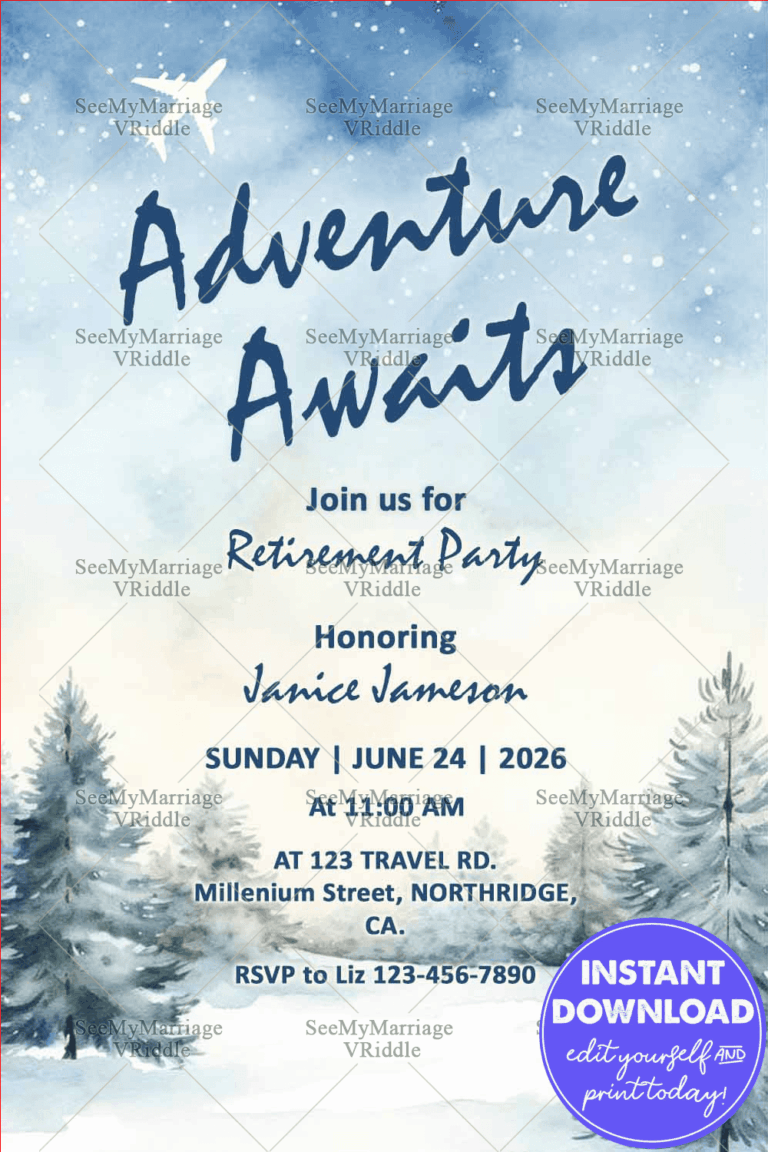 Soft Blue Frosty Retirement Party Invitation with Winter Snowy Pine Trees and Airplane Silhouette