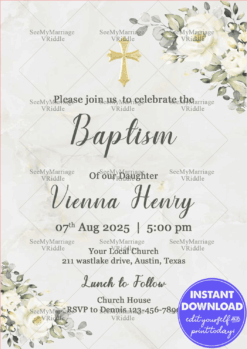 Soft Floral Graceful Baptism Invitation with White Roses and Golden Cross