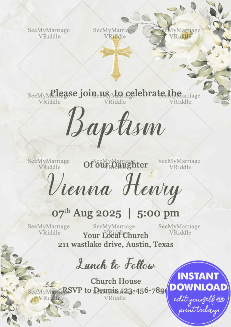 Soft Floral Graceful Baptism Invitation with White Roses and Golden Cross
