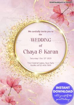 Soft Pastel Pink Wedding Invitation with Golden Circular Frame and Floral Watercolor Details