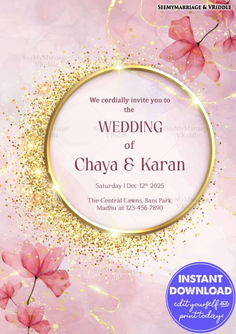 Soft Pastel Pink Wedding Invitation with Golden Circular Frame and Floral Watercolor Details