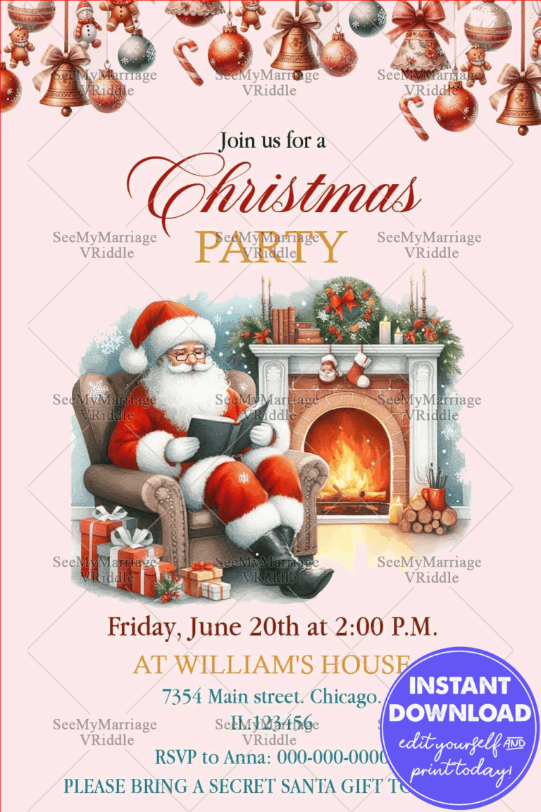 Soft Pink Christmas Party Invitation with Cozy Santa Fireplace and Christmas Ornaments