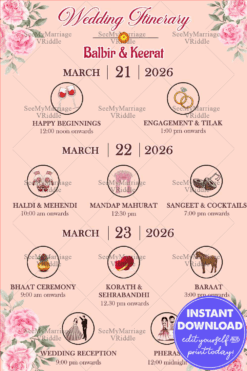 Soft Pink Wedding Itinerary Design with Floral Borders and Icon Designs for Event Highlights