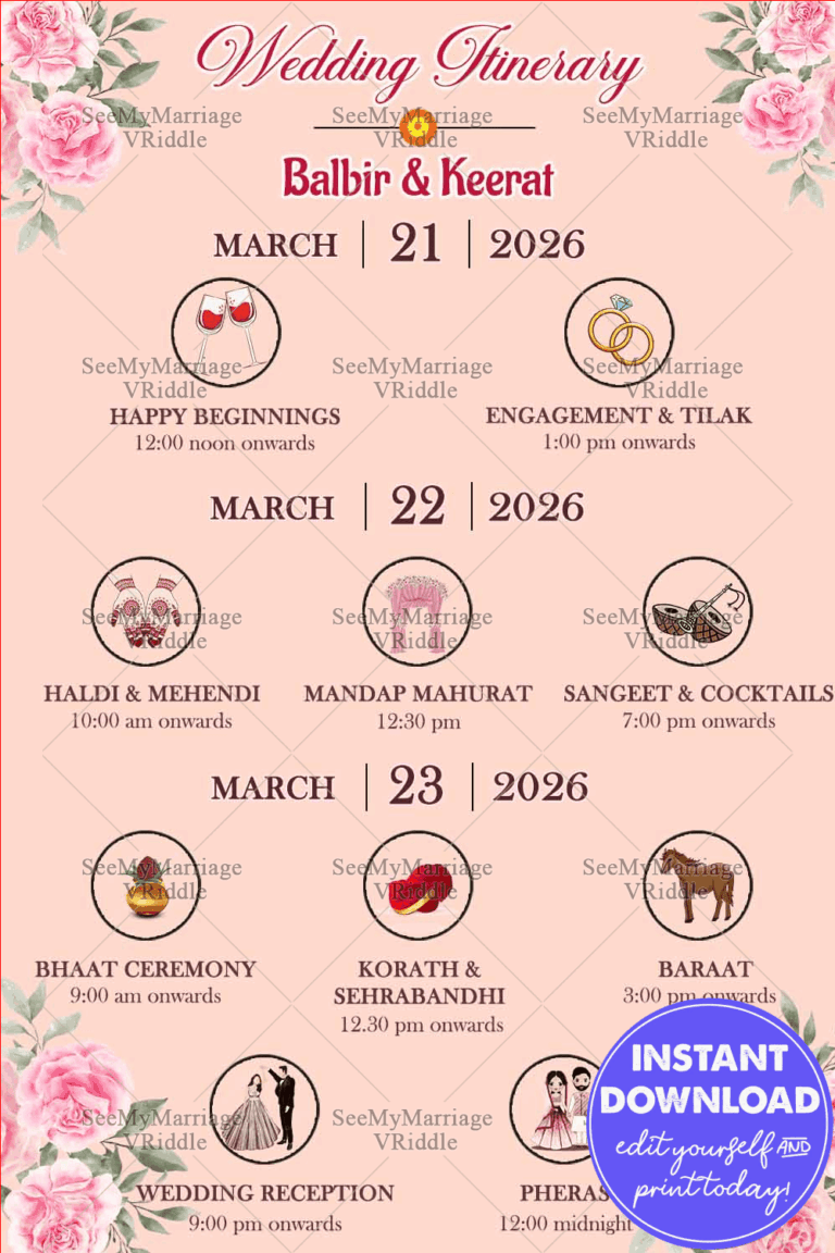 Soft Pink Wedding Itinerary Design with Floral Borders and Icon Designs for Event Highlights