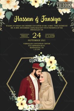 Sophisticated Walima Invitation Card with Floral Accents, Muslim Couple Illustration and Islamic Design Elements