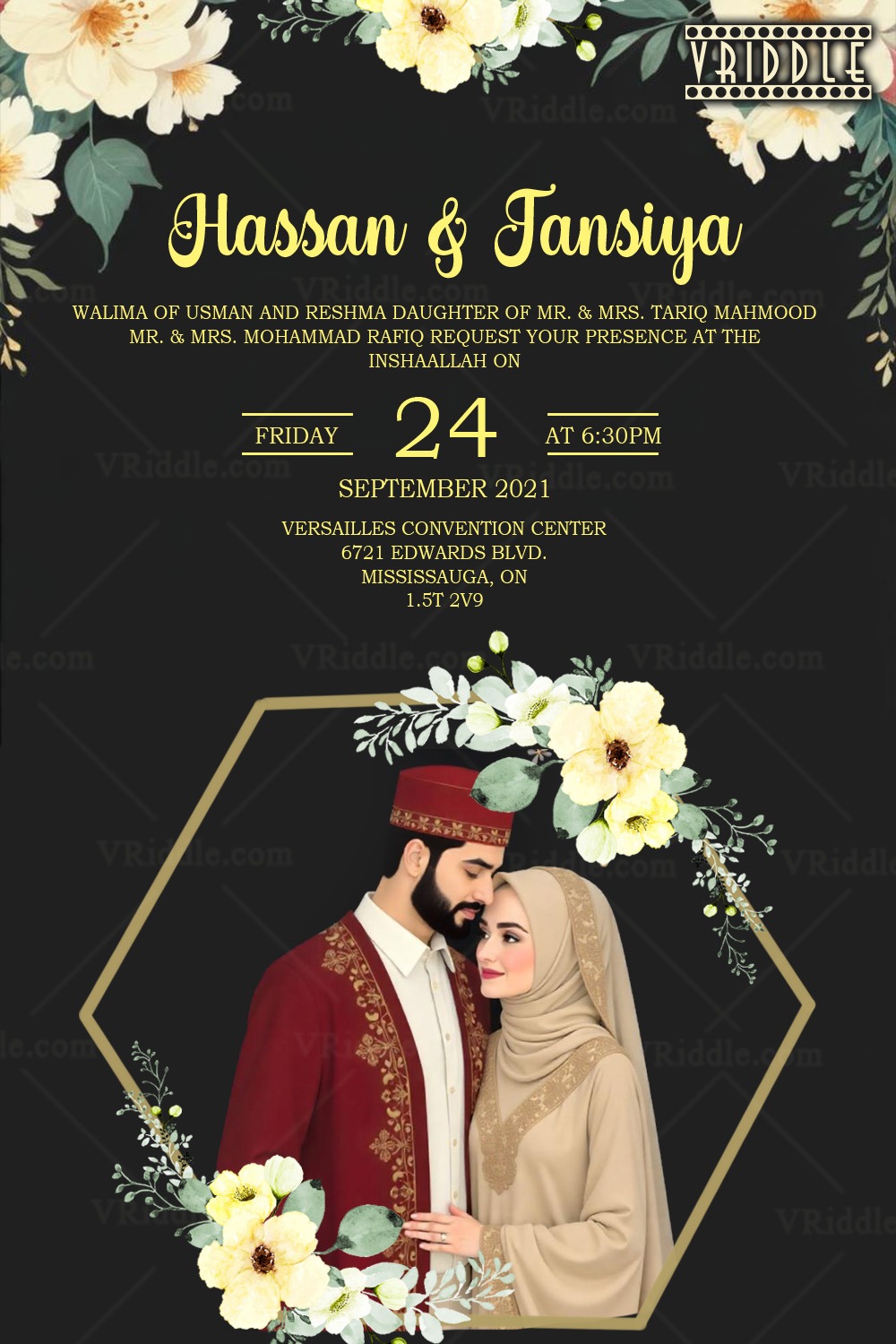 Sophisticated Walima Invitation Card with Floral Accents, Muslim Couple Illustration and Islamic Design Elements