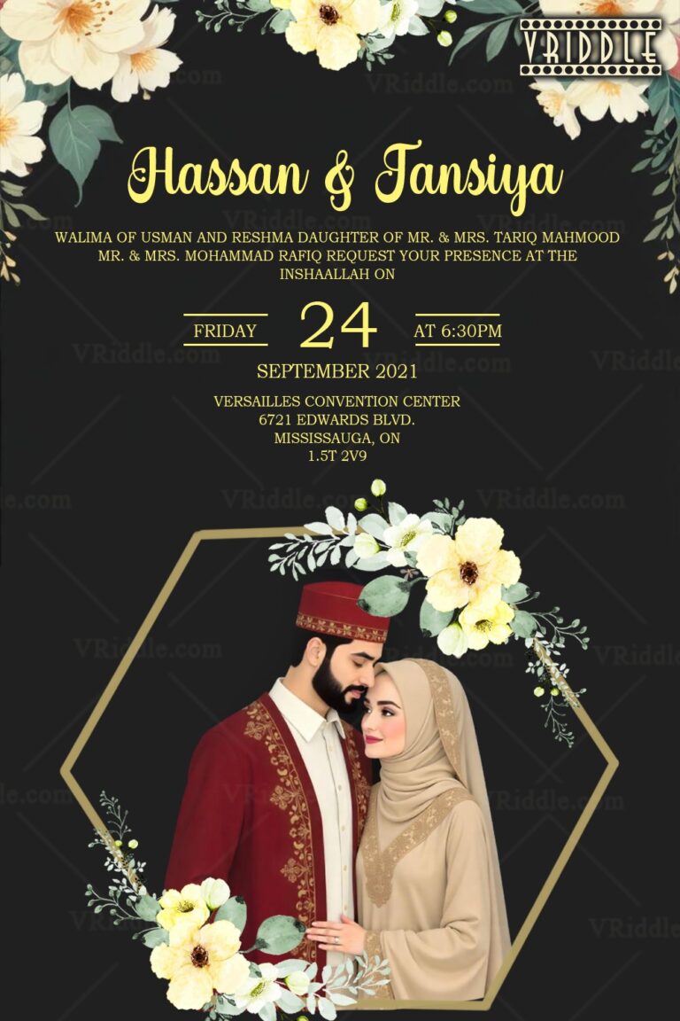 Sophisticated Walima Invitation Card with Floral Accents, Muslim Couple Illustration and Islamic Design Elements