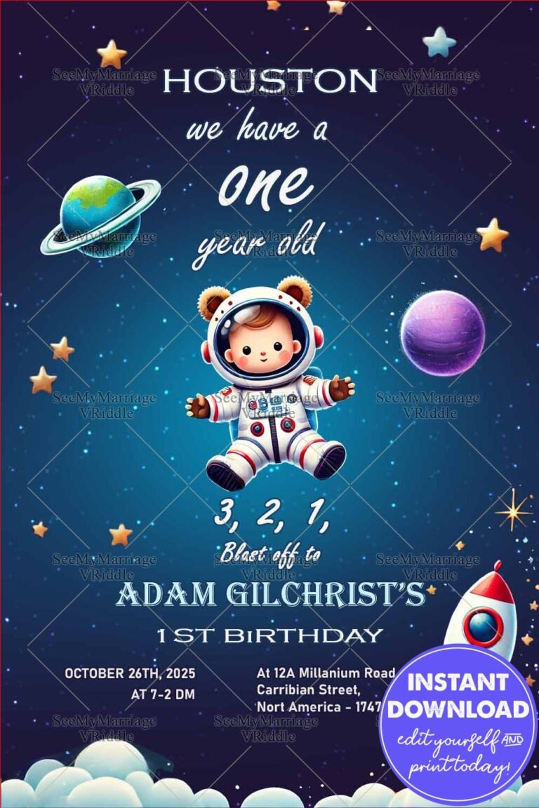 Space Adventure Birthday Invitation with Cute Astronaut Theme