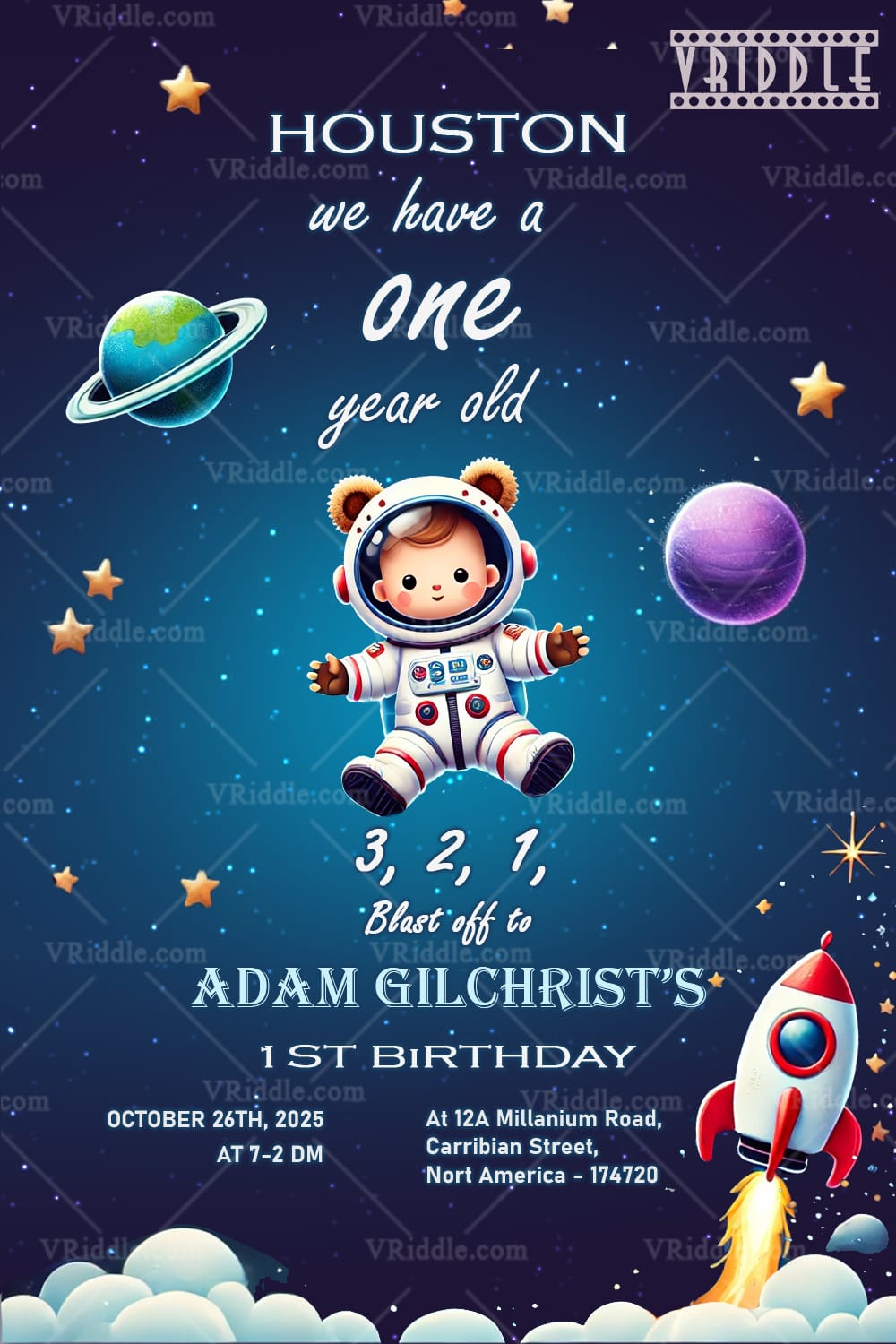 Space Adventure Birthday Invitation with Cute Astronaut Theme