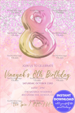 Sparkling Birthday Invitation with Pastel Pink and Gold Balloon Theme for 8th Celebration