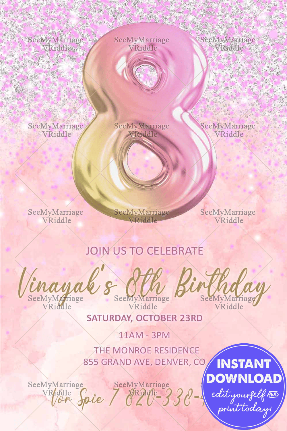 Sparkling Birthday Invitation with Pastel Pink and Gold Balloon Theme for 8th Celebration