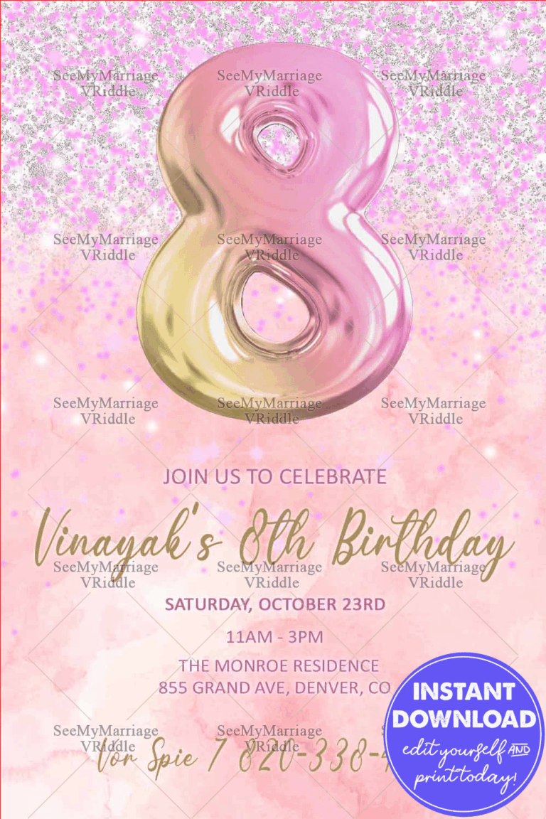 Sparkling Birthday Invitation with Pastel Pink and Gold Balloon Theme for 8th Celebration