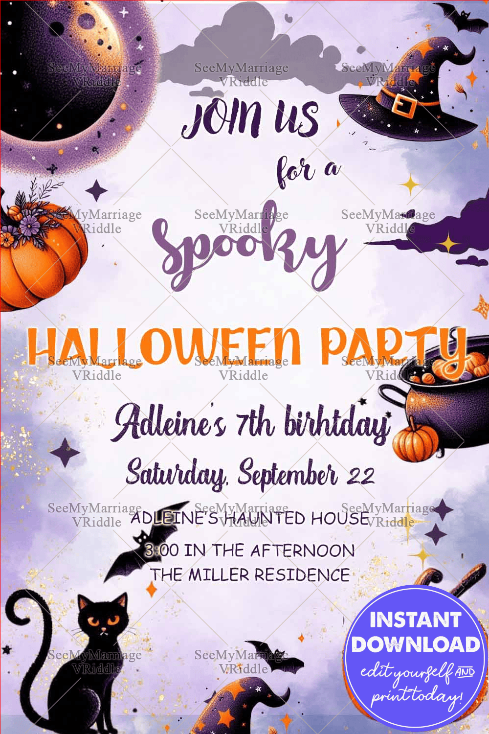 Spooky Halloween Birthday Party Invitation with Pumpkins, Witches’ Hat, and Magical Cat for a 5th Celebration