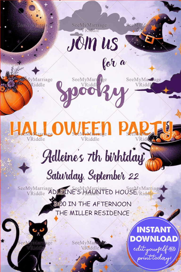 Spooky Halloween Birthday Party Invitation with Pumpkins, Witches' Hat, and Magical Cat for a 5th Celebration