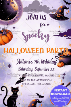 Spooky Halloween Birthday Party Invitation with Pumpkins, Witches' Hat, and Magical Cat for a 5th Celebration