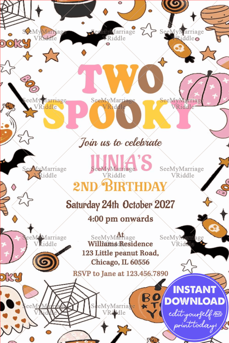 Spooky Themed 2nd Birthday Invitation With Playful Halloween-Inspired Illustrations