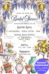 Spring-Themed Bridal Shower Invitation with Watercolor Wisteria, Lemon and Rustic Decor