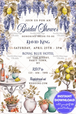 Spring-Themed Bridal Shower Invitation with Watercolor Wisteria, Lemon and Rustic Decor