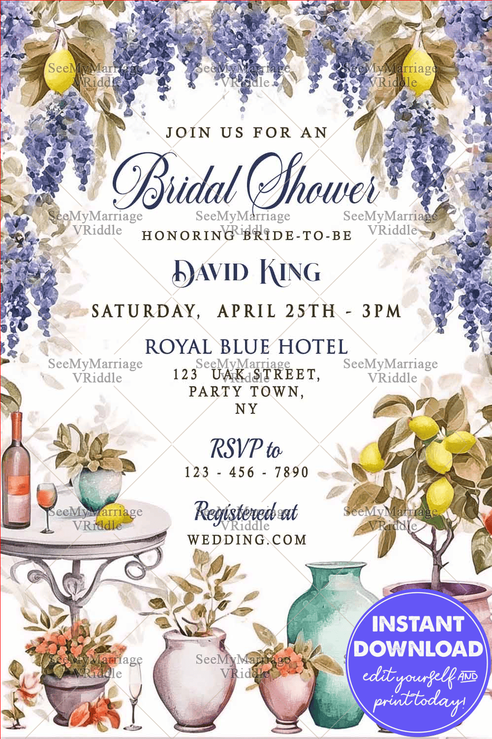 Spring-Themed Bridal Shower Invitation with Watercolor Wisteria, Lemon and Rustic Decor