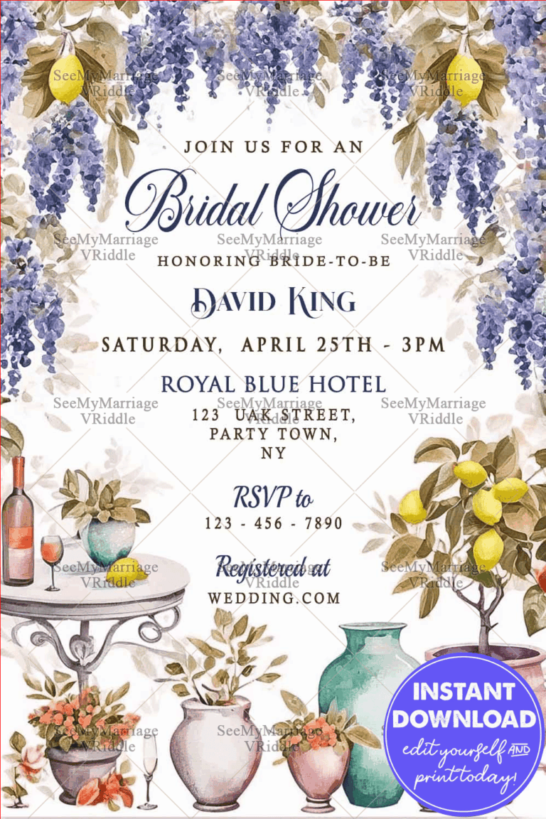 Spring-Themed Bridal Shower Invitation with Watercolor Wisteria, Lemon and Rustic Decor