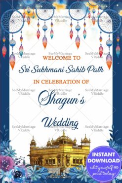 Sri Sukhmani Sahib Path Invitation with Golden Temple Illustration, Dreamcatchers, and Blue Floral Frame