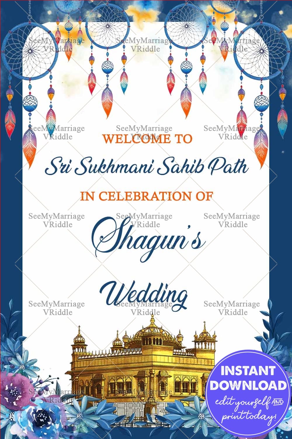 Sri Sukhmani Sahib Path Invitation with Golden Temple Illustration, Dreamcatchers, and Blue Floral Frame