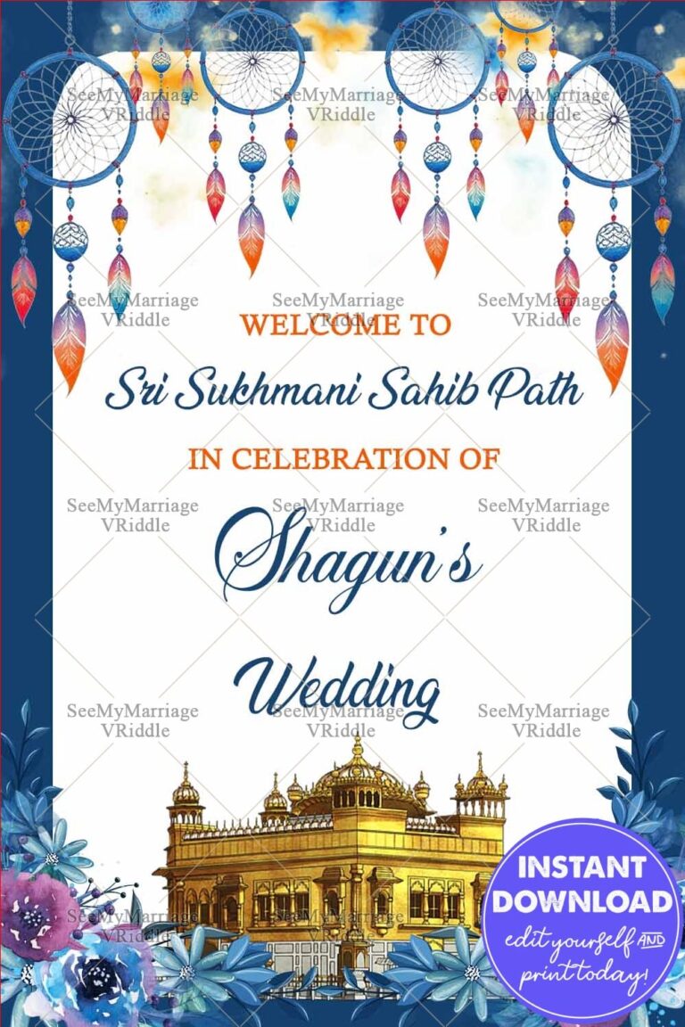 Sri Sukhmani Sahib Path Invitation with Golden Temple Illustration, Dreamcatchers, and Blue Floral Frame