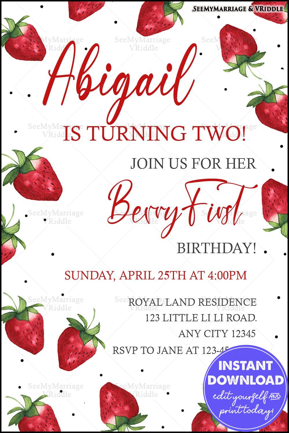 Strawberry-Themed 2nd Birthday Invitation with a Playful Aesthetic Red and White Design
