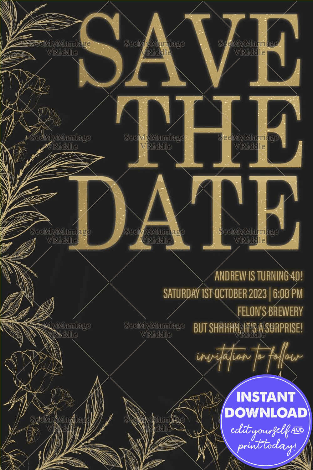 Stylish Save the Date Party Invite for 40th Celebration in Black and Gold