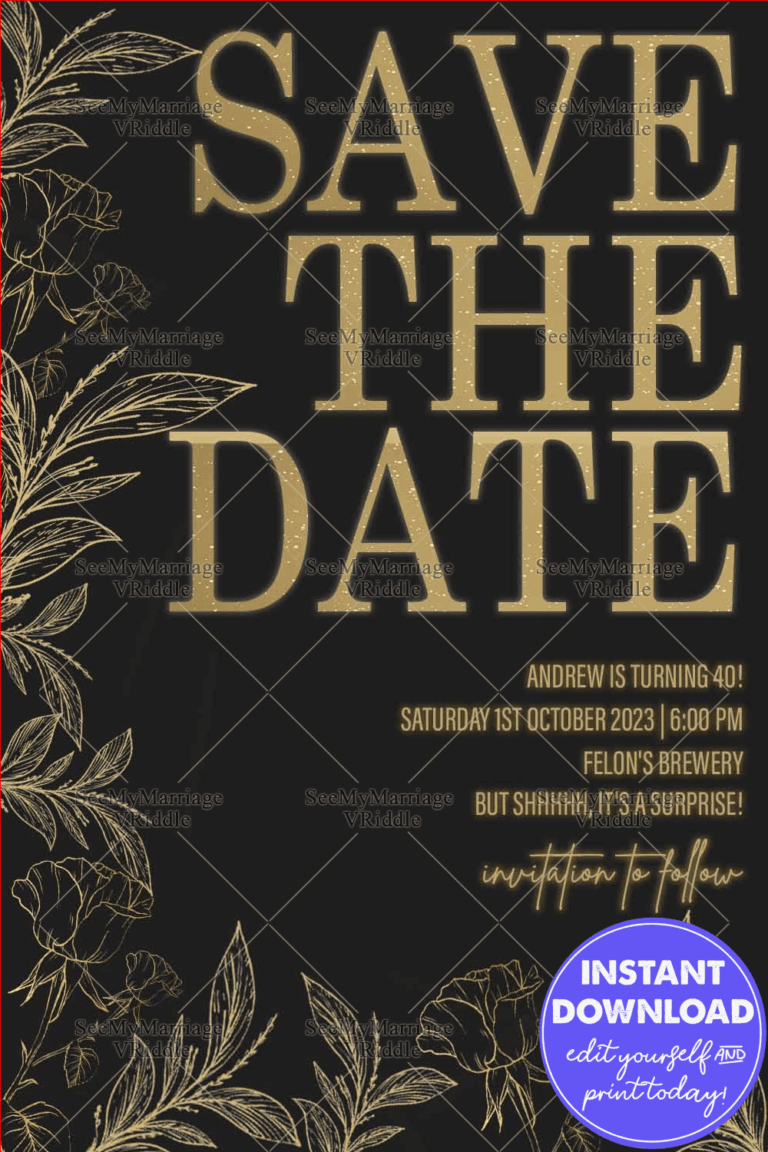 Stylish Save the Date Party Invite for 40th Celebration in Black and Gold