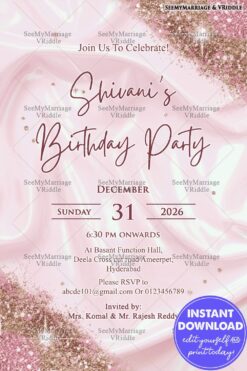 Pink Satin Birthday Invitation with Golden Glitter Accents