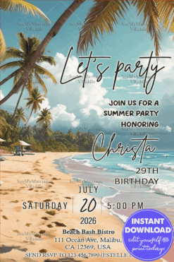 Summer Beach 29th Birthday Party Invitation with Tropical Vibes Featuring Palm Trees and Ocean Waves Image Background