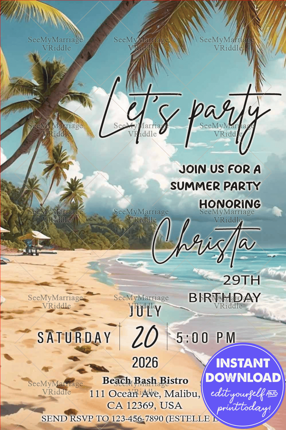 Summer Beach 29th Birthday Party Invitation with Tropical Vibes Featuring Palm Trees and Ocean Waves Image Background