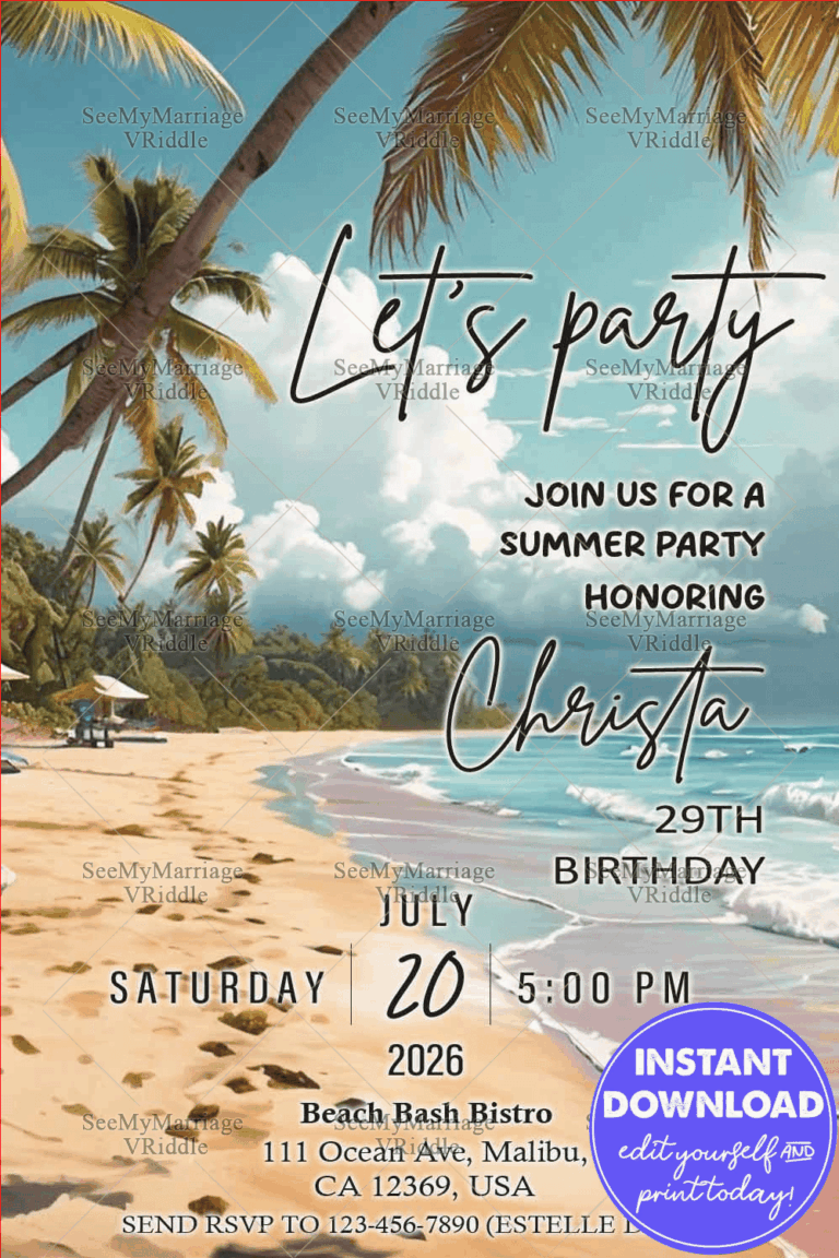 Summer Beach 29th Birthday Party Invitation with Tropical Vibes Featuring Palm Trees and Ocean Waves Image Background