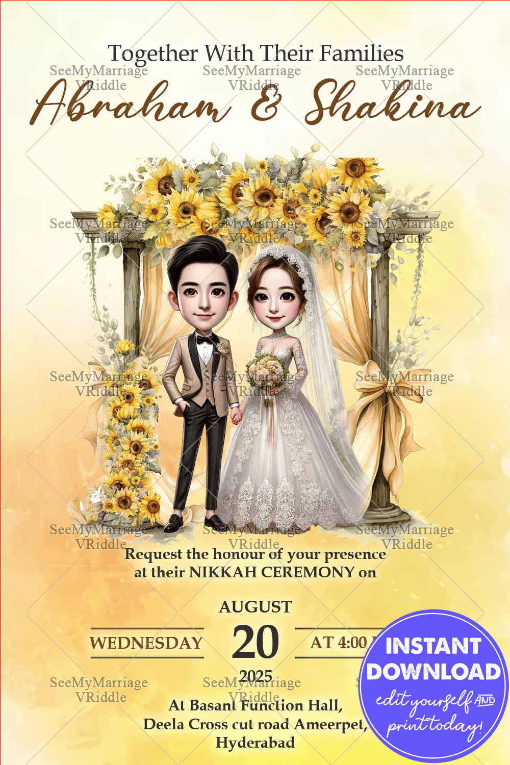 Sunflower Arch Nikkah Invitation with Cartoon Couple Illustration