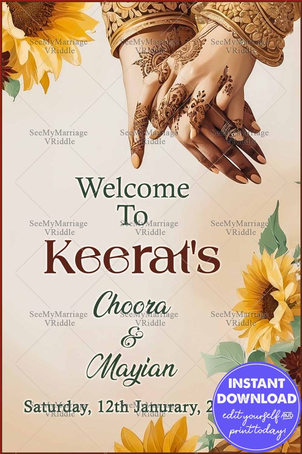 Sunflower-Themed Choora and Maiyan Ceremony Banner with Mehndi-Adorned Hands Illustration