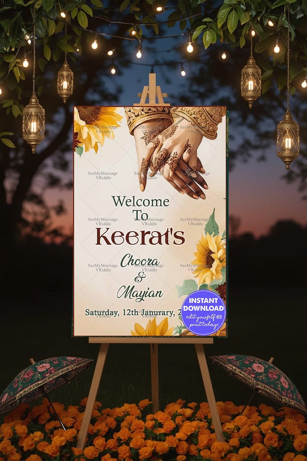 Sunflower-Themed Choora and Maiyan Ceremony Banner with Mehndi-Adorned Hands Illustration