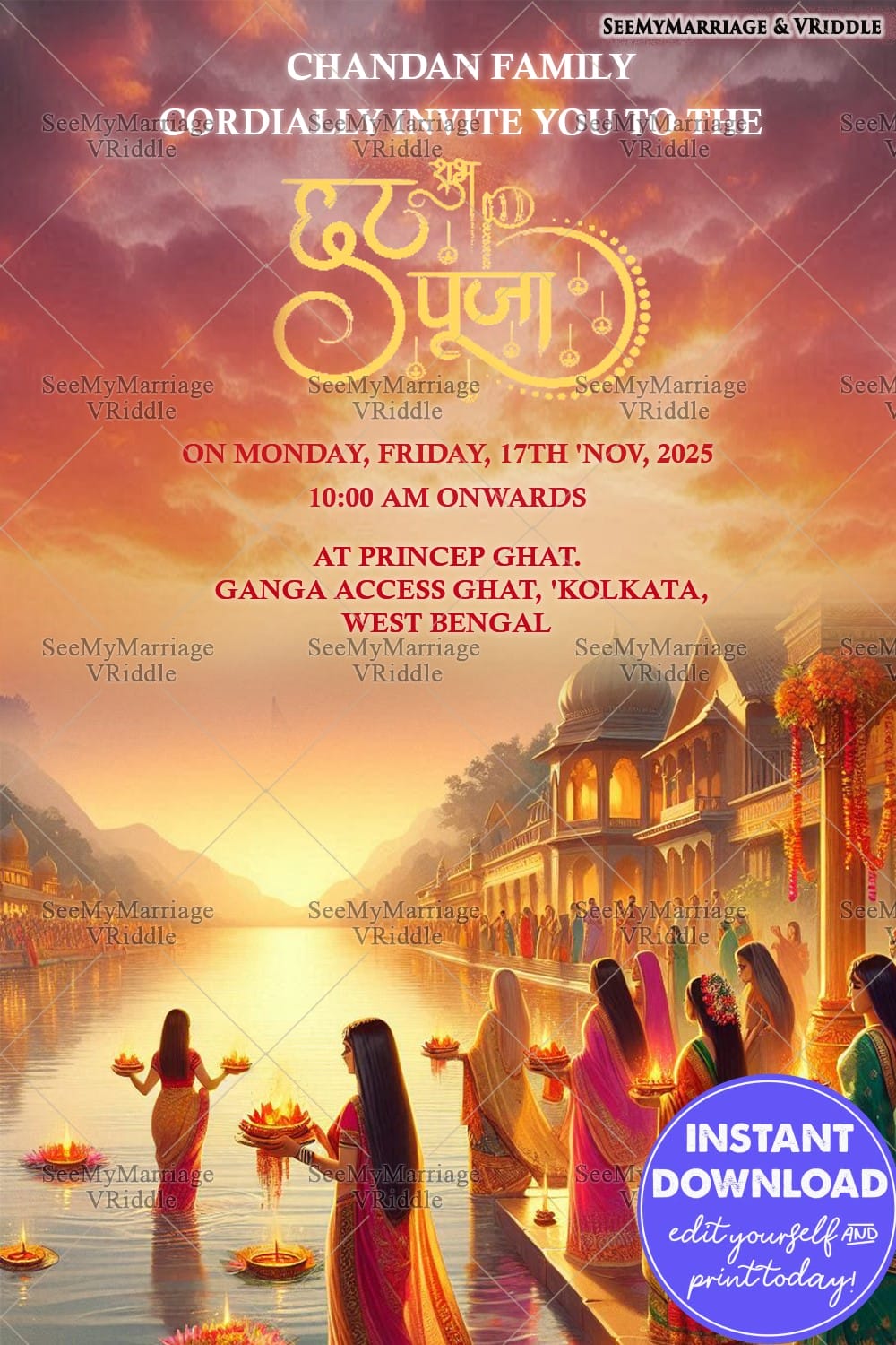 Sunrise Ritual Chhath Puja Invitation Elegant Riverfront Celebration Template