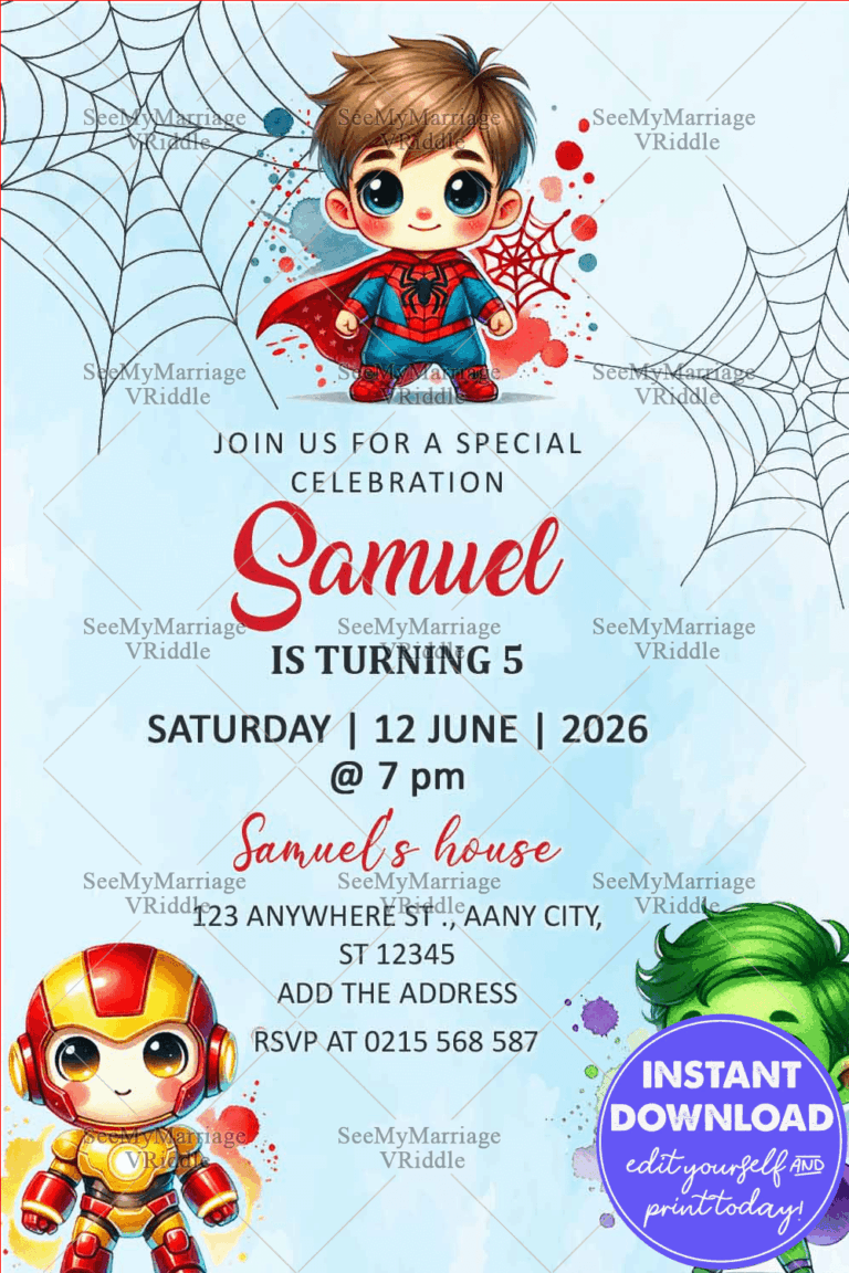 Superhero-Themed 5th Birthday Invitation with Spider-Man, Hulk & Black Panther